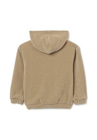 Beige corduroy hoodie met een gestructureerd ribbelpatroon, een kap en elastische manchetten. De achterkant toont een eenvoudig ontwerp zonder aanvullende details.