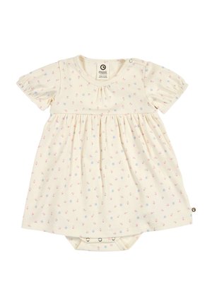 Babykleid in Cremefarbe mit kurzen Puffärmeln und kleinen rosa und blauen Blumenmustern, mit Druckknöpfen an Schulter und Saum.