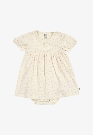 Cream-colored baby dress with short puff sleeves and small pink and blue floral prints, featuring snap buttons at shoulder and bottom.
