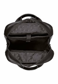 Borsa in pelle nera con apertura a zip. L'interno presenta una fodera a motivo e una tasca con zip. Due manici superiori per il trasporto.