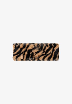 Bandeau en fausse fourrure avec un motif rayé tigre dans des teintes de beige et noir. Présente un design en nœud torsadé à l'avant. Texture douce.