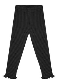 Czarne prążkowane legginsy o miękkiej fakturze, z rozszerzanym dołem i elastycznym paskiem w talii zapewniającym wygodne dopasowanie.