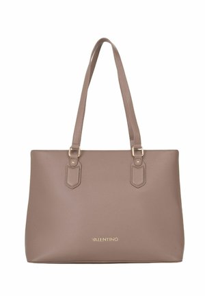 Sac cabas Valentino en cuir taupe avec deux anses épaules et des finitions dorées, arborant le logo Valentino sur le devant.