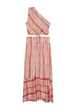 Vestido de un solo hombro con rayas verticales en rojo, rosa y crema. Tejido ligero con una cintura anudada y un diseño de falda fluida.