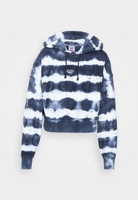 Hoodie cortado em tie-dye azul marinho com riscas brancas. Feito de um tecido suave, com capuz ajustável e um logótipo na frente.