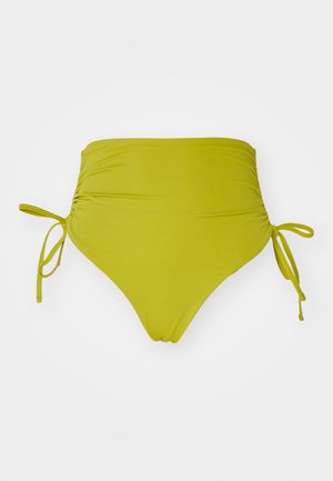 Bas de bikini taille haute en vert citron vif. Présente des côtés froncés avec des liens ajustables et un tissu lisse et extensible.