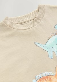 Beige puuvillane T-särk ümarate kraega, millel on esiküljel sinised ja oranžid värvilised dinozauri illustratsioonid. Pehme tekstuur, lõdva disainiga.