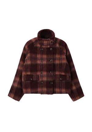 Gekürzte doppelte Jacke in maroon und braunem Karomuster, mit hohem Kragen, großen Fronttaschen und Metallknöpfen.