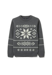 Maglione grigio a maglia con un motivo geometrico di fiocchi di neve bianchi e righe orizzontali, con colletto e polsini a costine.