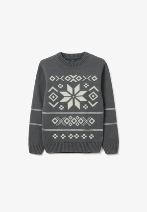 Grijs gebreide trui met een wit geometrisch sneeuwvlokpatroon en horizontale strepen, met ribbelboord aan de halslijn en manchetten.