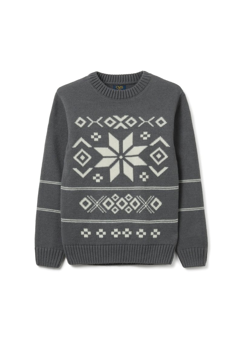 Maglione grigio a maglia con un motivo geometrico di fiocchi di neve bianchi e righe orizzontali, con colletto e polsini a costine.