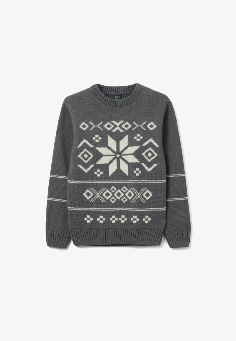 Maglione grigio a maglia con un motivo geometrico di fiocchi di neve bianchi e righe orizzontali, con colletto e polsini a costine.
