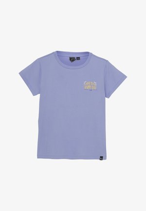 Lavendelfarbenes T-Shirt mit kurzen Ärmeln, aus Baumwolle, mit einem kleinen goldenen Textdruck "Ein Tag ist ein glücklicher Tag" auf der linken Brustseite.