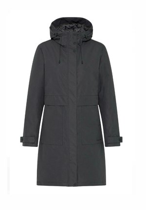 Dunkelgrauer, wasserdichter Parka mit Kapuze, Druckknöpfen und zwei Fronttaschen. Verfügt über verstellbare Kordelzüge und eine glatte Textur.