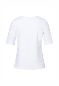 Weißes Baumwoll-T-Shirt mit rundem Halsausschnitt und kurzen Ärmeln. Glatte Textur und schlichtes Design, keine sichtbaren Muster oder Verzierungen.