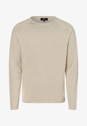 Maglione beige a maniche lunghe con scollo rotondo, realizzato in tessuto morbido e strutturato. Presenta sottili dettagli di cuciture e una vestibilità comoda.