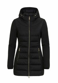 Giacca a vento nera con zip frontale, design imbottito, cappuccio e accessori oro. Dispone di tasche laterali e una silhouette aderente.