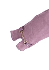 Imbracatura per animali domestici in suede viola con una superficie morbida, dotata di una chiusura in metallo dorato e dettagli in pelle per un fissaggio sicuro.