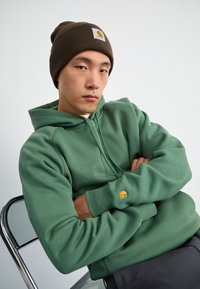 Sudadera verde con un bolsillo frontal, que presenta un pequeño logo amarillo en la manga. Un gorro marrón de canalé completa el look casual.
