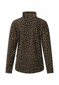 Luipaardprint pullover met een hoge kraag, lange mouwen en een zachte, gestructureerde stof in bruin en zwart. Ronde onderrand.