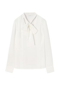 Biała bluzka z długim rękawem z kokardą przy dekolcie, z pionowymi przeszyciami i lekką, gładką teksturą materiału.