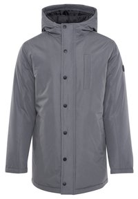 Grau Parkajacke mit Kapuze, vorderem Knopfverschluss, Seitentaschen und einer Brusttasche, mit einer glatten und leicht glänzenden Textur.