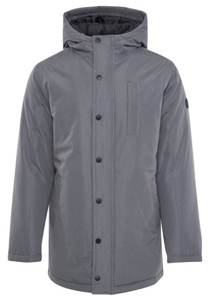 Parka grise avec capuche, fermeture à boutons sur le devant, poches latérales et une poche poitrine unique, avec une texture lisse et légèrement brillante.