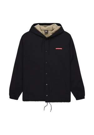 Black jacket with a hood, featuring a beige fur lining, snap buttons, and two side pockets. The front displays a red logo.