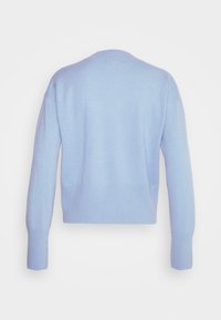 Ljusblå tröja med ribbad nederkant och ärmslut, en enkel rund halsringning och en mjuk textur. Ren bakvy utan utsmyckningar.