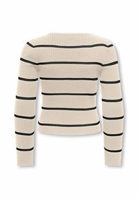 Beżowy sweter z długim rękawem w prążki z czarnymi poziomymi paskami równomiernie rozłożonymi na ciele i rękawach, wyeksponowany płasko od tyłu.