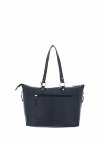 Sac en cuir bleu marine avec double poignées, quincaillerie en argent, poche zippée à l'avant et un design élégant et structuré.