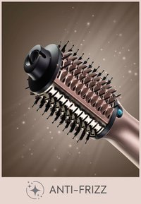 Draaiende haarborstel met zwarte haren en keramische cilinder getoond met label "Anti-Frizz" op een bruine achtergrond met glitters.