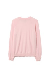 Helles rosa Sweatshirt aus weichem Stoff, mit Rundhalsausschnitt, langen Ärmeln sowie gerippten Bündchen und Saum. Minimalistisches Design ohne Muster.