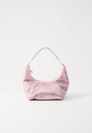 Pink mesh handbag with a rounded shape, featuring a silver chain handle and a subtle sheen, showcasing a textured surface.