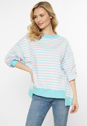 Gestreifter Sweatshirt in hellrosa und blau, mit Rundhalsausschnitt, weiten Ärmeln und lockerer Passform. Aus weichem Stoff mit gerippten Bündchen gefertigt.