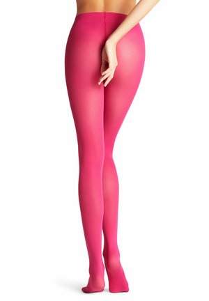 Opake rosa Strumpfhosen mit glatter Textur, im Vollformat und mit hohem Bund, die eine gleichmäßige Farbe ohne Muster oder Akzente zeigen.