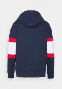 Sweat à capuche bleu marine à manches longues avec des rayures horizontales rouges et blanches sur le haut des bras, vu de dos sur un fond uni.