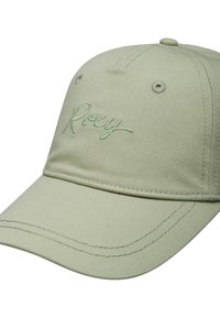 Lys grøn baseballcap lavet af tekstureret stof. Den har et broderet "Roxy" logo i matchende tråd og dekorativ syning langs skyggen.