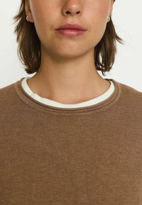 Brązowy sweter z prążkami z okrągłym dekoltem, nałożony na białą koszulę, z krótkimi, potarganymi włosami i minimalnymi srebrnymi kolczykami.
