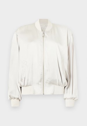 Blouson aviateur en satin blanc cassé avec fermeture éclair à l'avant, col, poignets, taille côtelés et poches latérales.