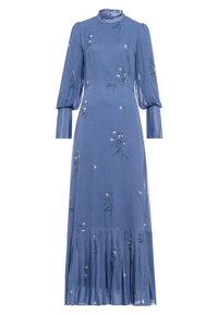 Robe maxi bleue à manches longues avec imprimé floral, col montant, manches bouffantes, taille cintrée et ourlet plissé.
