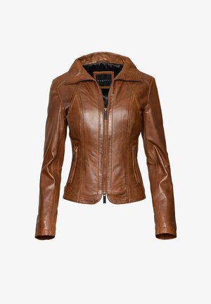 Giacca in pelle marrone con zip frontale, colletto a punta e tasche laterali. Presenta dettagli cuciti e un design aderente. Fodera interna nera.