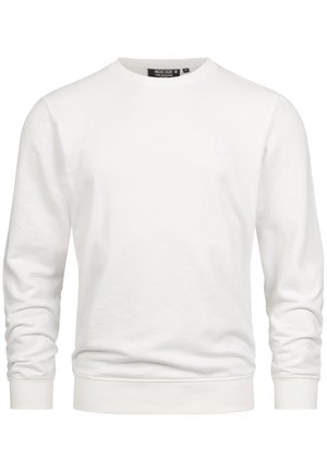 Sweatshirt blanc en tissu mélangé de coton. Présente un col rond, des manches longues, des poignets et un ourlet côtelés, avec un petit logo en relief sur la poitrine.