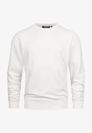 Valkoinen collegepaita, joka on valmistettu puuvillasekoitekankaasta. Siinä on pyöreä kaula-aukko, pitkät hihat, resorikääreet ja helma sekä pieni kohokuvioitu logo rinnassa.