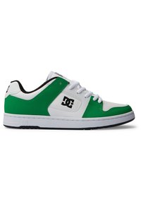 Sneakers with white leather and green synthetic accents, featuring a padded collar, white laces, and a rubber sole with black tread.