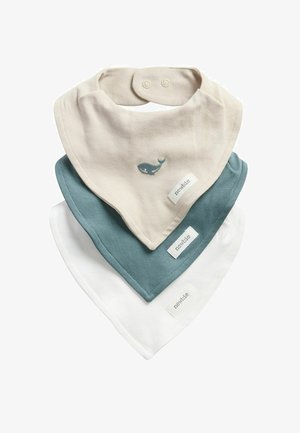 Three folded cotton baby bandana bibs in beige with whale print, teal, and white, each with a "newbie" label and snap closures.