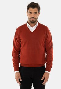 Maglione rosso a scollo a V realizzato in tessuto a maglia, con maniche lunghe e polsini a costine, indossato sopra una camicia bianca con colletto.