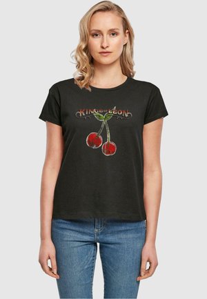 Schwarzes Baumwoll-T-Shirt mit einem grafischen Design von Kirschen und dem Text "KING of LEON" im Vintage-Stil, mit kurzen Ärmeln und einem lockeren Schnitt.