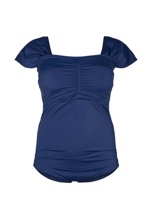 Mørkeblå badedragt med pufærmer, samlet detalje foran og et glat, strækbart stof. Let udvidet bunddesign.