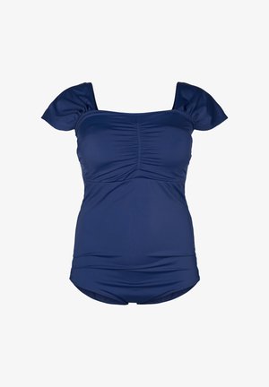 Námornícky modrý plavky s nadýchanými rukávmi, zberovými detailami na prednej strane a hladkým, elastickým materiálom. Mierne rozšírený spodný dizajn.